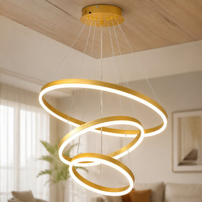 3 Rings Modern Gold LED Chandelier, Dimmable Circular LED Pendant Light, Height Adjustable Hanging Ceiling Light Fixture for Dining Room Kitchen Island Living Room Foyer