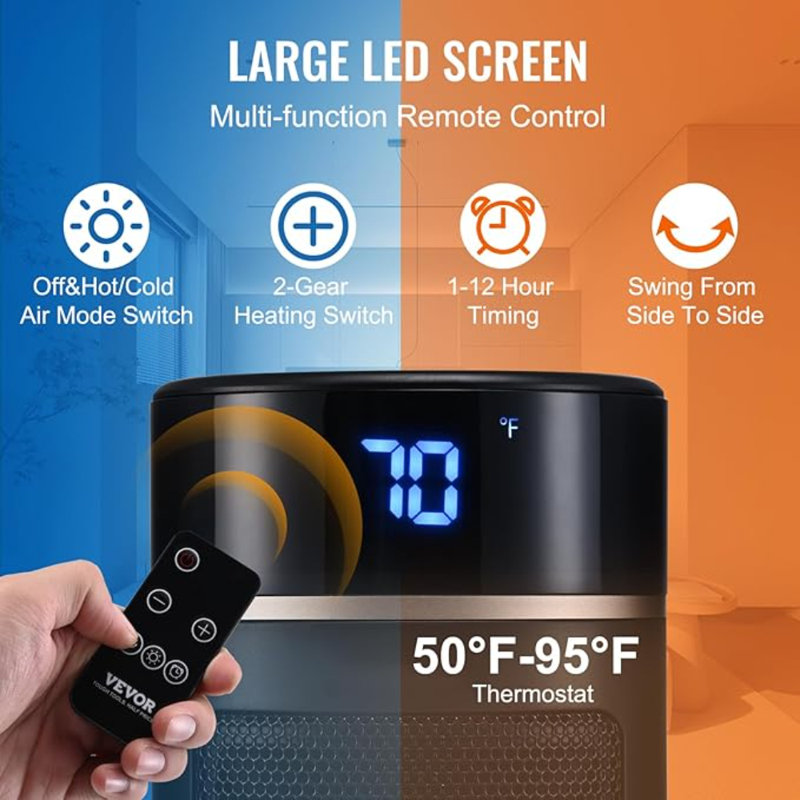 20-inch Black and Silver Ceramic Electric Heater with Thermostat