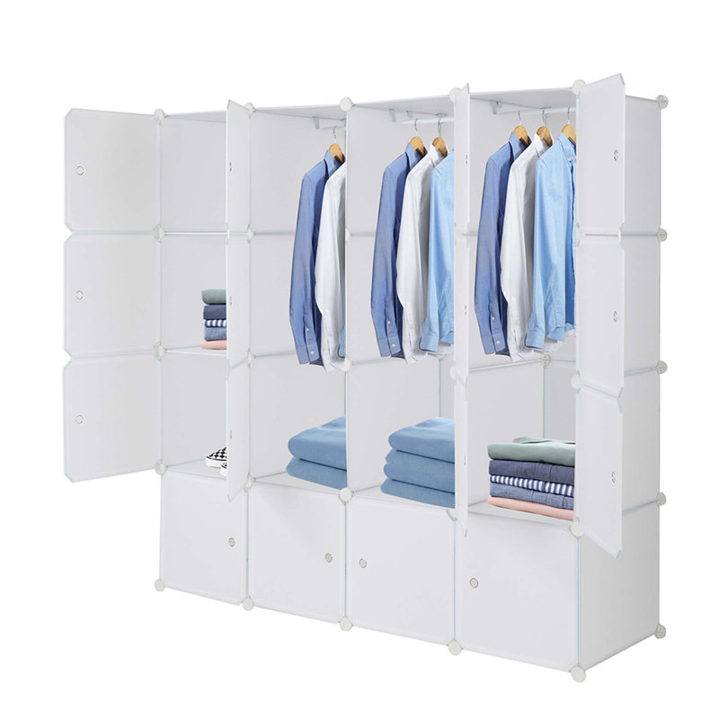 4-Layer 16 Cube Organizer Stackable Plastic Cube Storage,Plastic + Steel Wire With 3 Clothes Rails Free To Assemble, White