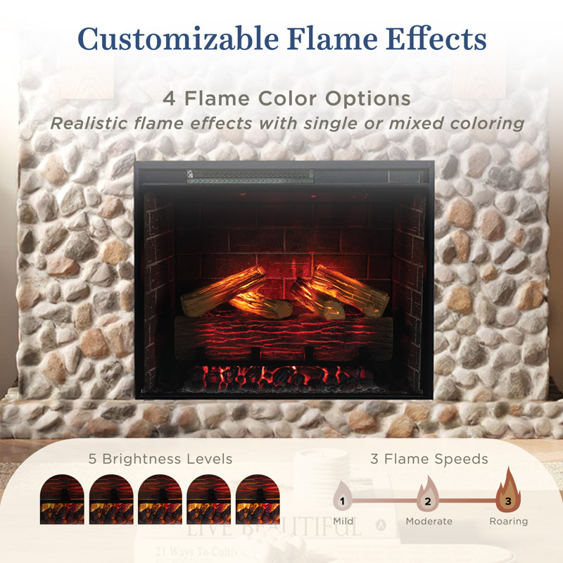 Country Living - Glenbrook Fireplace Mantel Package, 28”, Alexa/WiFi Enabled Fireplace Insert, Cast Stone River Rock Surround