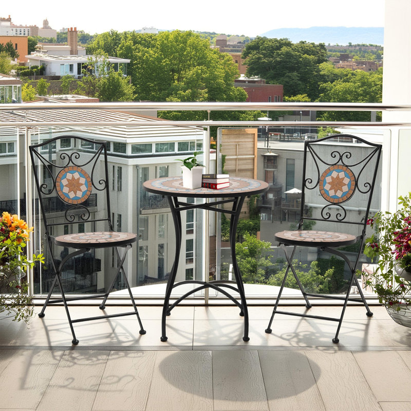 Ensemble bistro de patio toutes saisons avec mosaïque 3 pièces avec table et 2 chaises