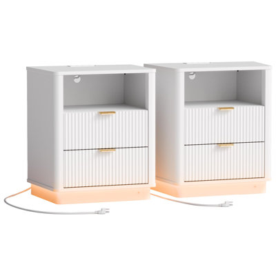 Curved Night Stand With Charging Station Lighting,Modern Side Table Storage Cabinet For Bedroom Office(1)
