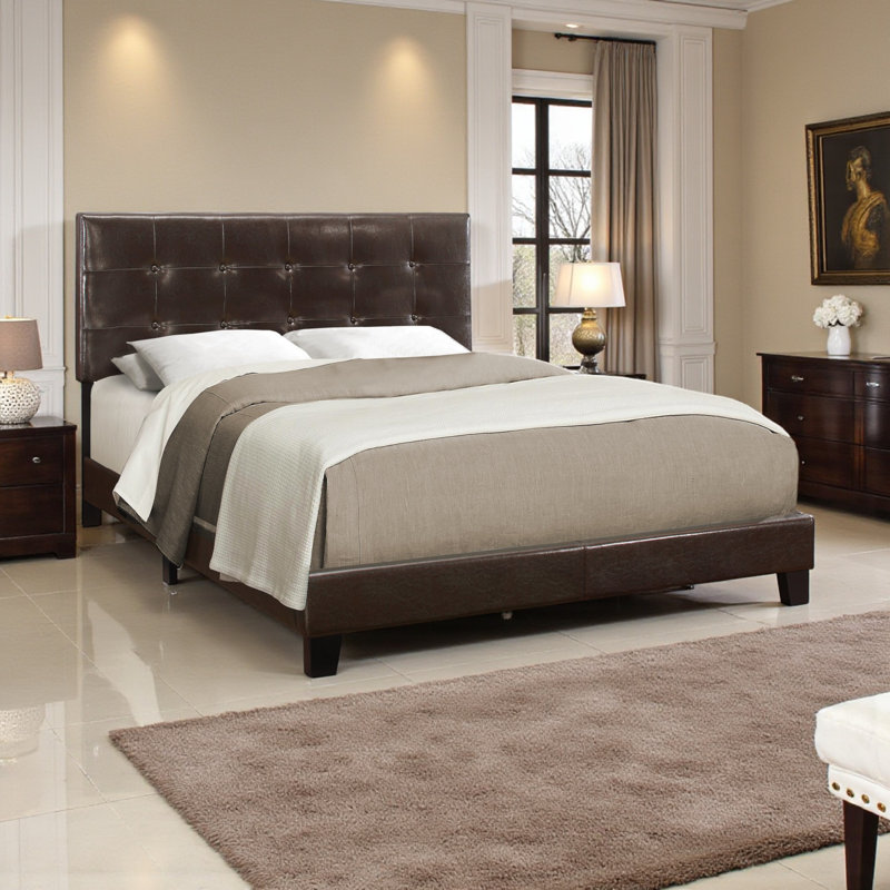 Warminster Transitional Brown Leather Look in Queen Size Bed, 45.6'' H X 64.05'' W X 85.11'' L