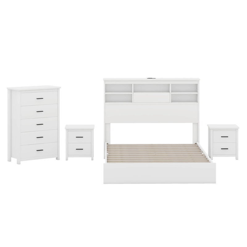 Ensemble de chambre à coucher 4 pièces avec grand lit en bois rétro avec 2 tables de chevet et 1 commode
