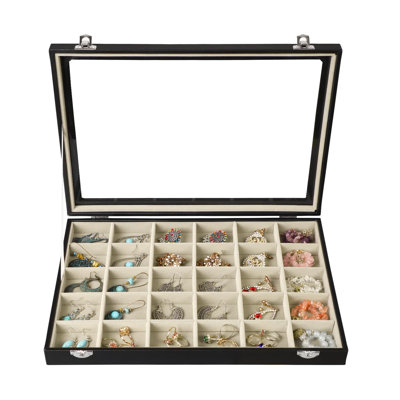 30 Grid Earring Organizer, PU Leather Jewelry Holder Organizer With Clear Lid, Velvet Earring Ring Storage Box For Women Girls Drawer (Beige Black)