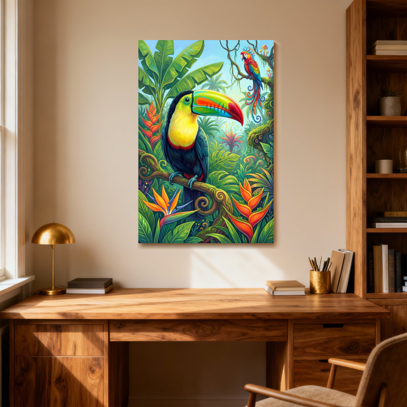 Toucan animaux perchés sur une branche avec un perroquet en arrière-plan, H 24 po x l 36 po