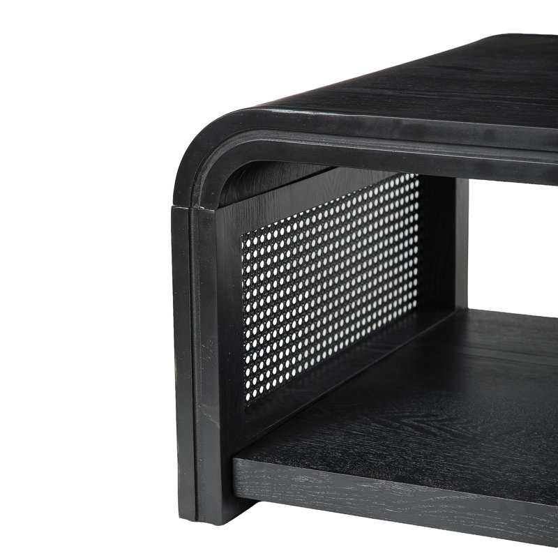 Table basse rectangulaire incurvée en rotin, table centrale de rangement à 2 niveaux en bois, table basse bohème de style ferme pour salon, appartement, décoration intérieure, noir