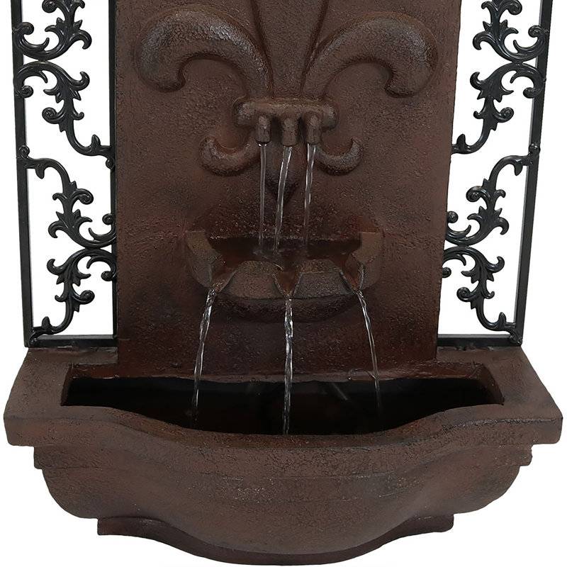 French Lily Polystone Outdoor Solar Wall Fountain with Battery Backup - Iron, Iron