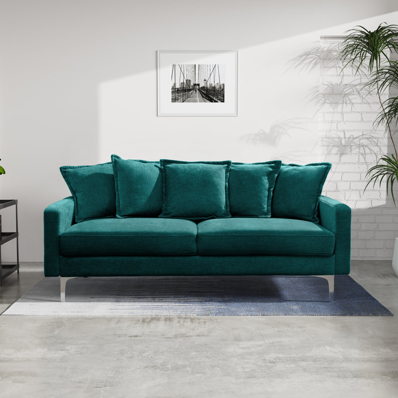 70" Velvet Square Arm Sofa, Light Blue Linen Blend, Silver
