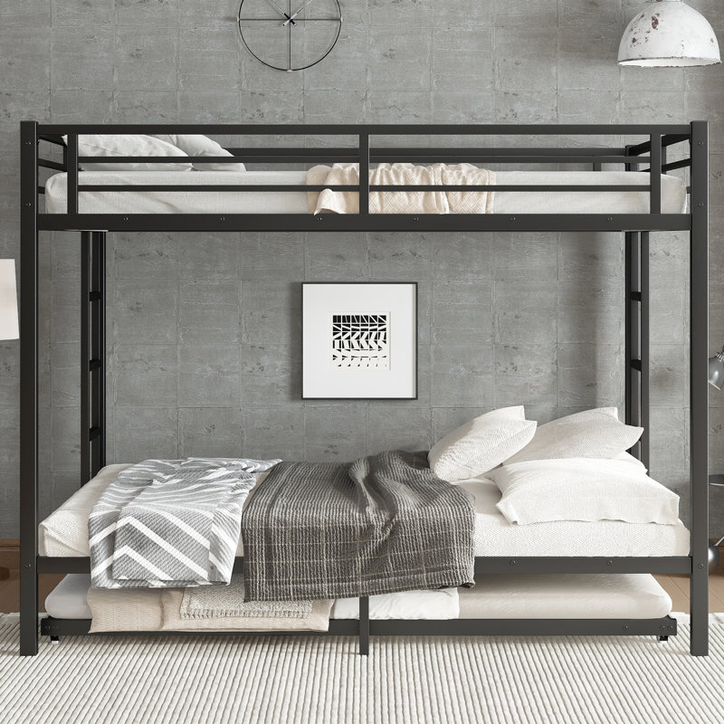 Queen over Queen Metal Bunk Bed with Twin Trundle, Sturdy Steel Frame, Safety Guardrails & Ladder, Space-Saving Design, Black