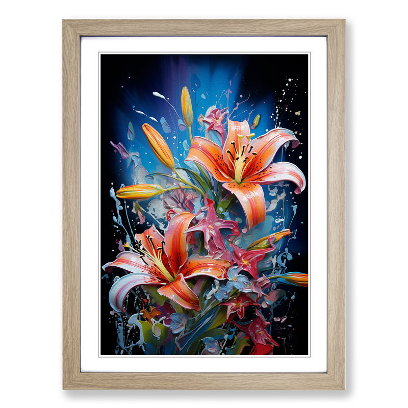 Lily Flower Action Painting No.3 - Single Picture Frame Print on Wood, Oak Framed, 64cm H x 46cm W x 2cm D