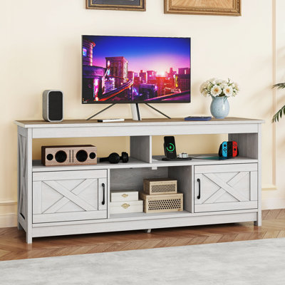 Meuble télé pour téléviseur de 65 po ou moins Arverne avec 2 portes de grange coulissantes et une station de charge intégrée