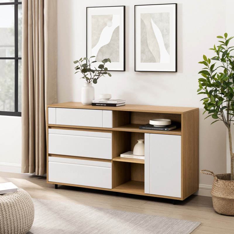 Yveth 52'' Contemporary Sideboard with Open Storage, Coastal Oak/Solid White