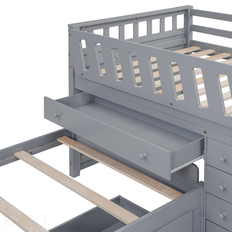 Lit mezzanine simple en L et lit plateforme simple avec 7 tiroirs et garde-corps complets en L (gris)