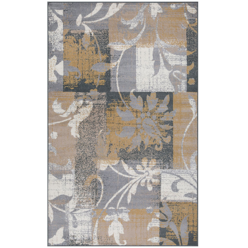 Aracelie  Geometric Patchwork Floral Area Rug in Camel, Rectangle 5' x 8'