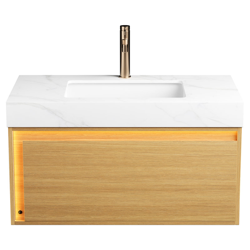Meuble-lavabo blanc en pierre frittée blanche 36 po, rangement en contreplaqué flottant, grille ultra-mince, tiroir avec éclairage à capteur DEL, DEL de détection de mouvement pré-assemblée,