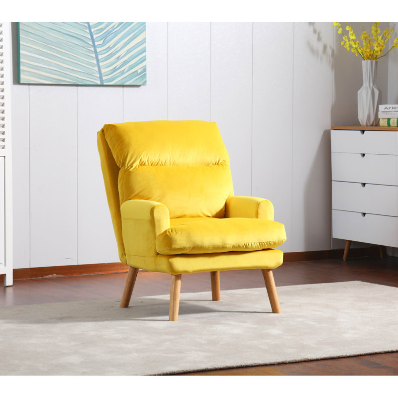 Fabric Accent Chair With Ottoman Set, Wood Legs And Adjustable Backrest, Yellow Fabric, Oak