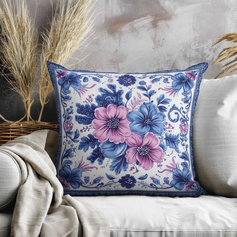 Oreiller en faux suède à motif de pervenche, Bleu / Rose, Carré 20 po