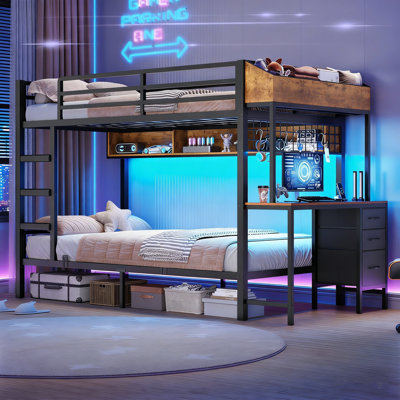 Lit superposé simple au-dessus de simple avec bureau et 3 tiroirs de rangement, lit mezzanine à DEL avec tablette de rangement et boîtes noires