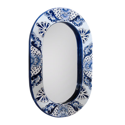 Blue And White Talavera Oval Mirror Small Size