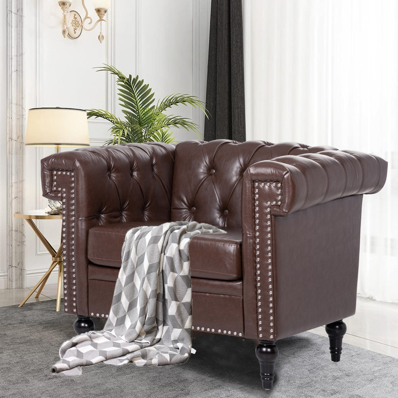 Upholstered Sofa  Button Tufted, PU Chesterfield Accent Chair For Living Room Apartment, 1 Seat  ,PU Black, Similicuir brun