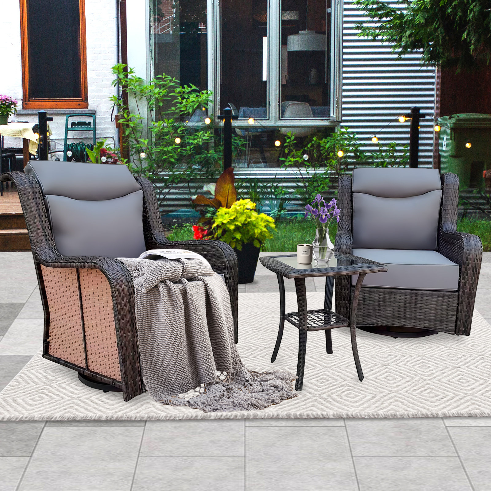 Lark Manor 3PCS Wicker Patio Chairs Swivel Rocker, Outdoor Swivel ...