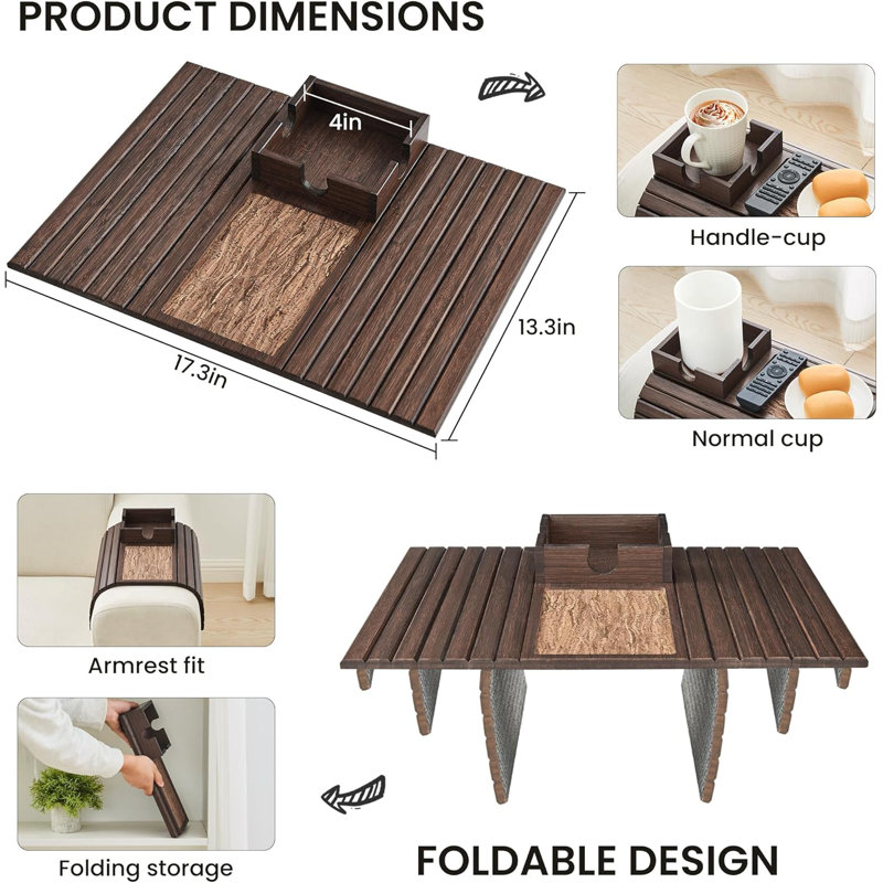 Table de plateau en bambou avec accoudoirs de canapé, porte-gobelet pliable, table d'appoint antidérapante