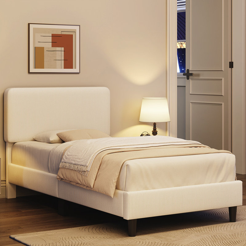 Upholstered Bed Frame with Adjustable Headboard, Beige, Twin