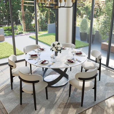 Maxwell Modern Round Dining Table for 4-8 with Sintered Stone Tabletop, X Carbon Steel Base Pre-Assembly