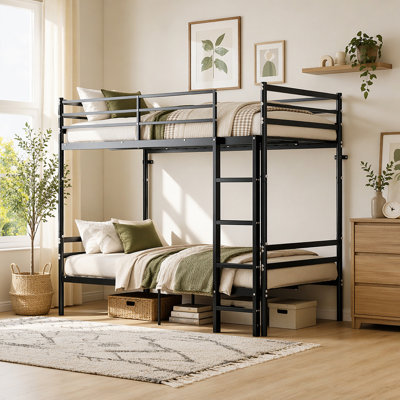 Lit superposé simple au-dessus de simple pour enfants / adolescents / adultes, lit à 2 étages avec échelle plate, lit économiseur d'espace en métal avec escalier, noir