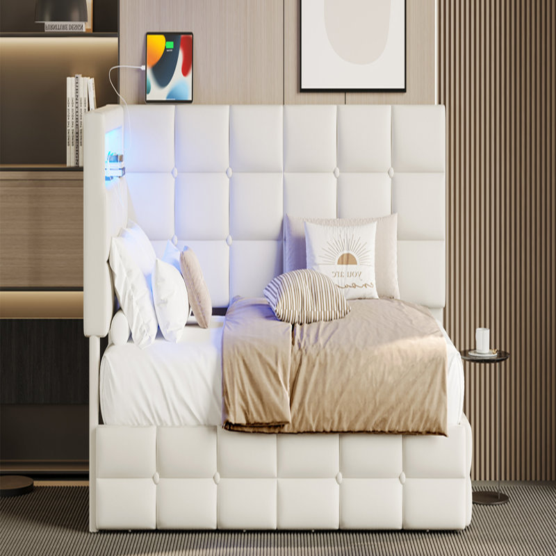 2 Drawers Upholstered Corner Daybed With Lights And Outlets, White