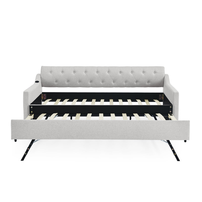 Upholstery Daybed With  Erectable Trundle And USB Charging Design, Beige