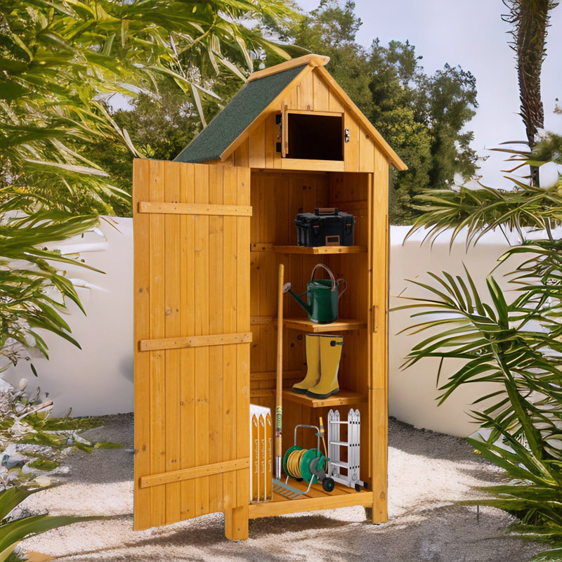 Remise de rangement extérieure en bois avec porte simple et tablettes intérieures, Naturel