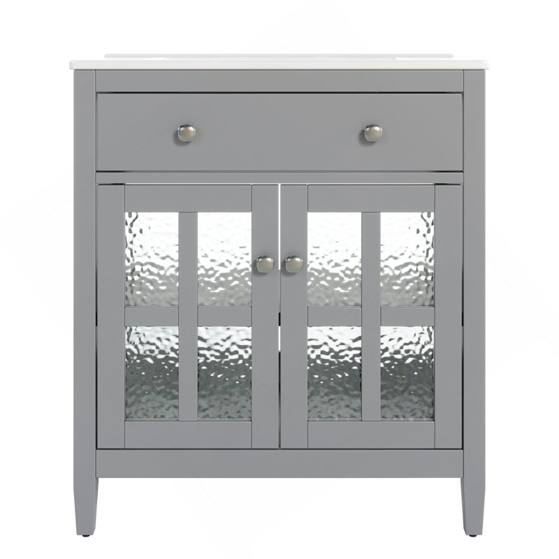 Meuble-lavabo de 30 po avec lavabo en céramique, tablette réglable et plateau basculant, meuble-lavabo avec pieds en bois, poignées en métal argenté et charnières à fermeture en douceur, gris