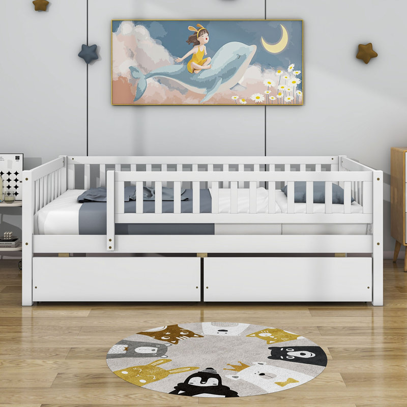 Lit en bois avec deux tiroirs, Blanc, Simple