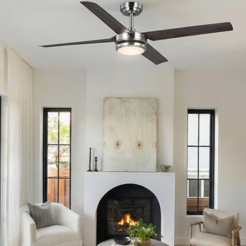 Burslem 56'' 4-Blade Indoor / Outdoor Ceiling Fan with Light and Remote, Color-Changing LED, 6-Speed Quiet DC Motor – Brushed Nickel with Dark Driftwood Blades