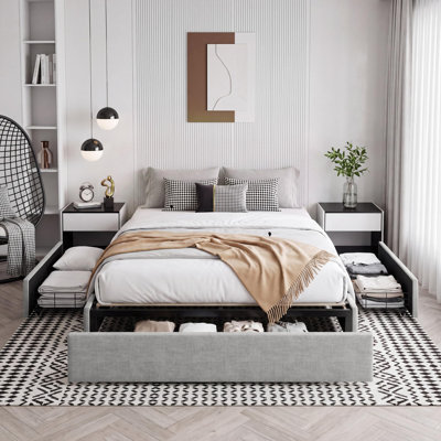 Structure de lit plateforme à 3 tiroirs avec rangement sous le lit, sans tête de lit - Base compacte à faible encombrement - Gris clair