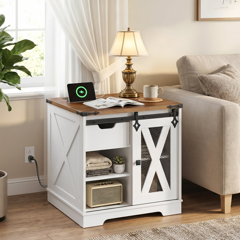 Table de bout carrée 23,2 po avec station de charge et porte de grange coulissante 