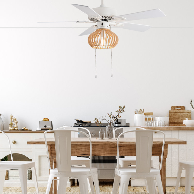 42"W LED 5-Blade White Tan Wood Caged Ceiling Fan with Light