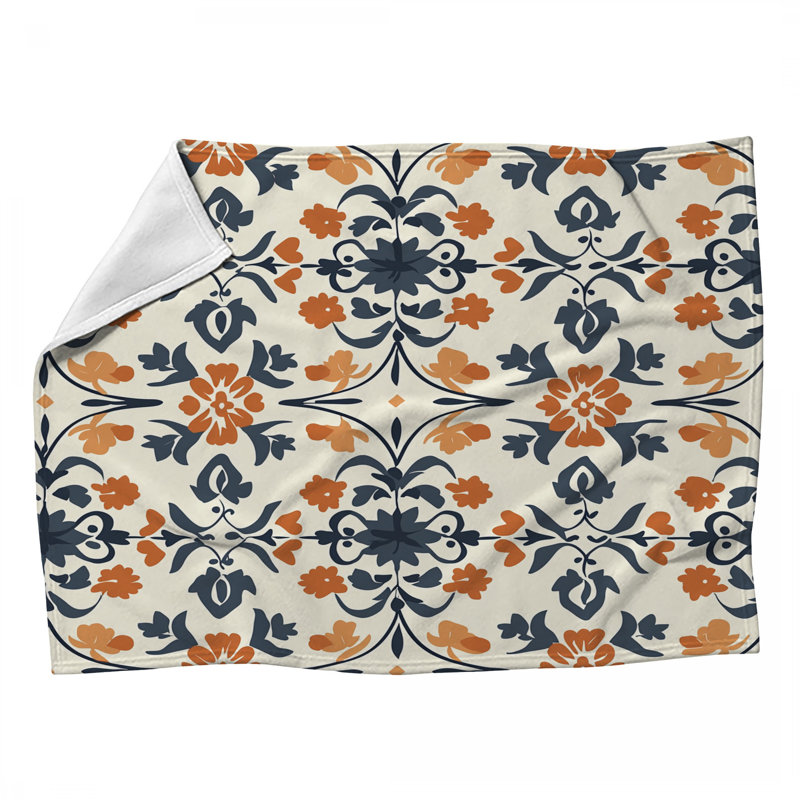 Jeté en molleton Pebbles, Orange / blanc / bleu floral, L 60 po x l 50 po
