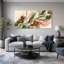 Ensemble de 3 toiles murales représentant des fleurs abstraites blanches et des branches dorées sur fond vert-2109528044