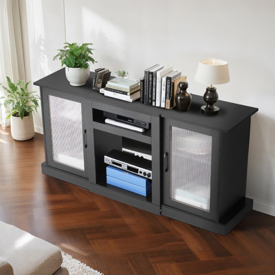 TV Stand for TVs up to 65 inch, Modern Entertainment Centre with Light Strip, Wooden TV Cabinet Storage with Glass Doors and Adjustable Shelves, Console Table for Living Room and Bedroom, Black
