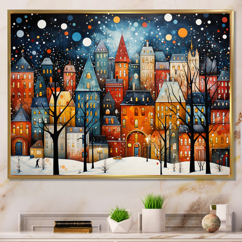 Orange orange Village Art déco - Art mural déco ville, Cadre flottant doré, H 12 po x l 20 po x P 1 po