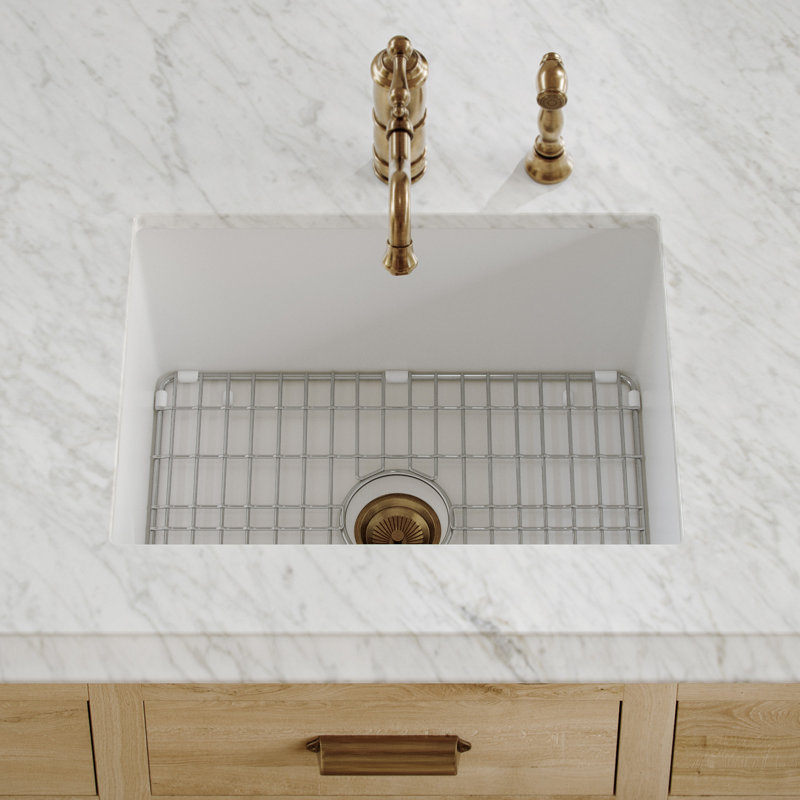 Whitehaus Collection Undermount Single Bowl Fireclay Kitchen Sink with Stainless Steel Grid, 28", White
