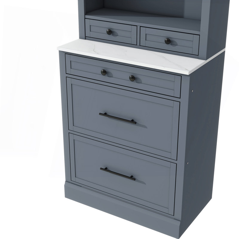 Modern 83.7inch High Kitchen Pantry, Freestanding Tall Kitchen Hutch with Faux Marble Top, Display Cupboard Cabinet with 5 Storage Drawers and Adjustable Shelf, Gray