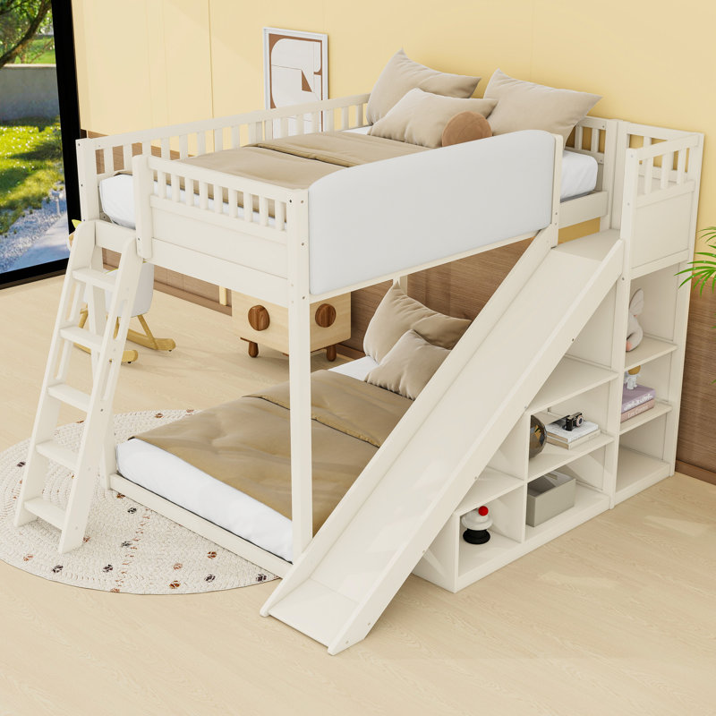 Lit mezzanine avec tablettes de rangement, échelle, garde-corps et glissoire intégrée, Double, Beige