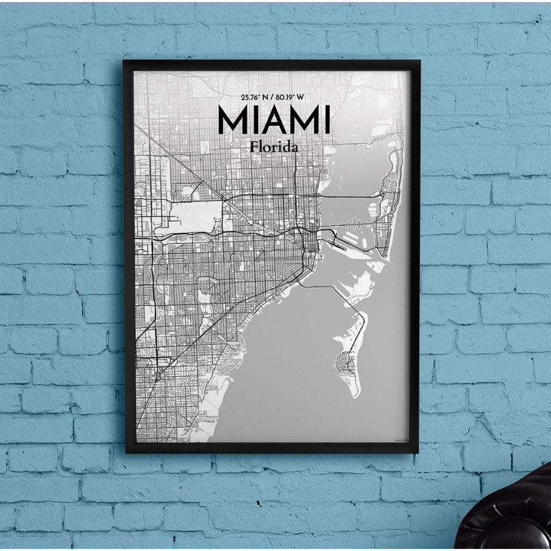 «Miami City Map», reproduction d'impression sur affiche, H 24 po x l 18 po x P 0,05 po