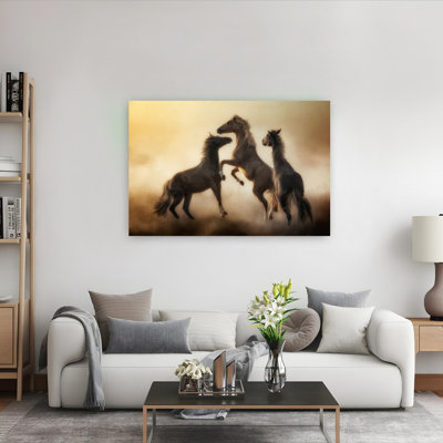 Chevaux sauvages, poussière d'or, art mural abstrait contemporain dramatique représentant un cheval, animal et nature