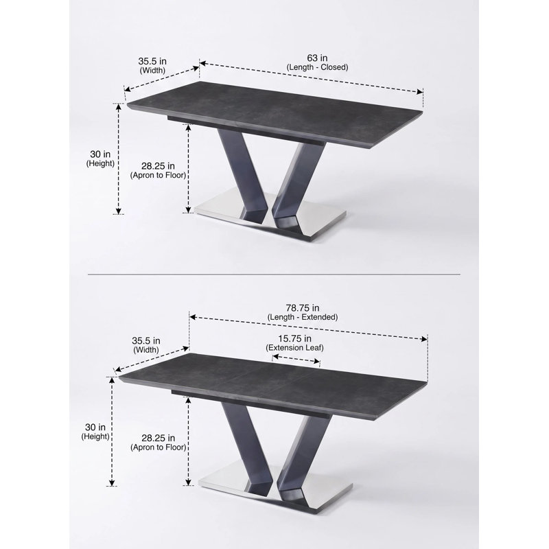 Table de salle à manger extensible en pierre frittée moderne de luxe moderne, table de salle à manger rectangulaire à 6 places avec rallonge papillon autoportante, piédestal en forme de V, meuble de salle à manger contemporain de cuisine