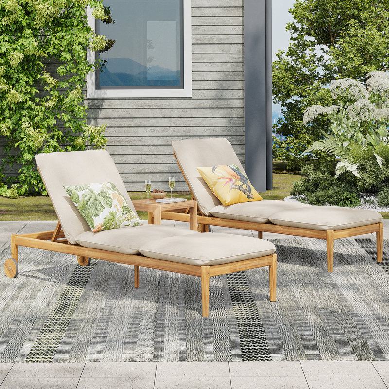 Outdoor Chaise Lounge With Wheels, Acacia Wood Frame(Set Of 2)